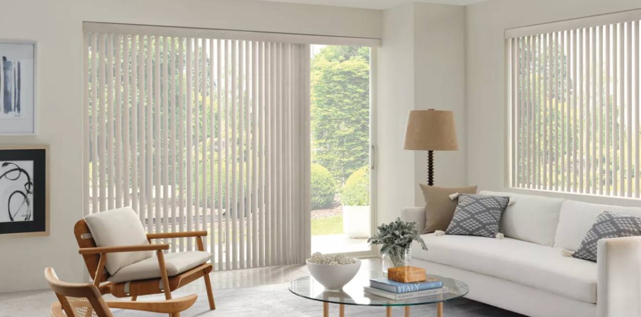 Hunter Douglas vertical blinds in a living room near Sioux Falls, SD