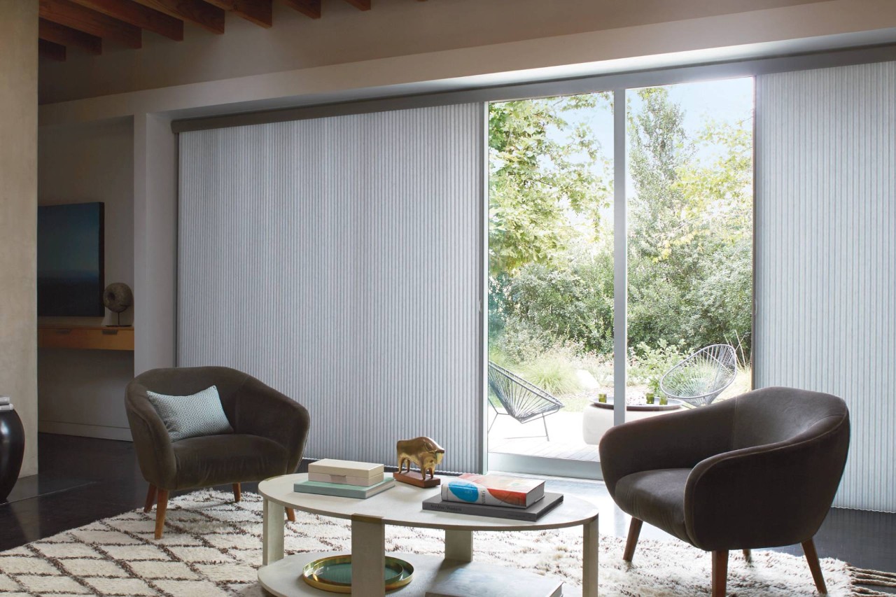 Doorwall window treatment in a modern living room near Sioux Falls, SD